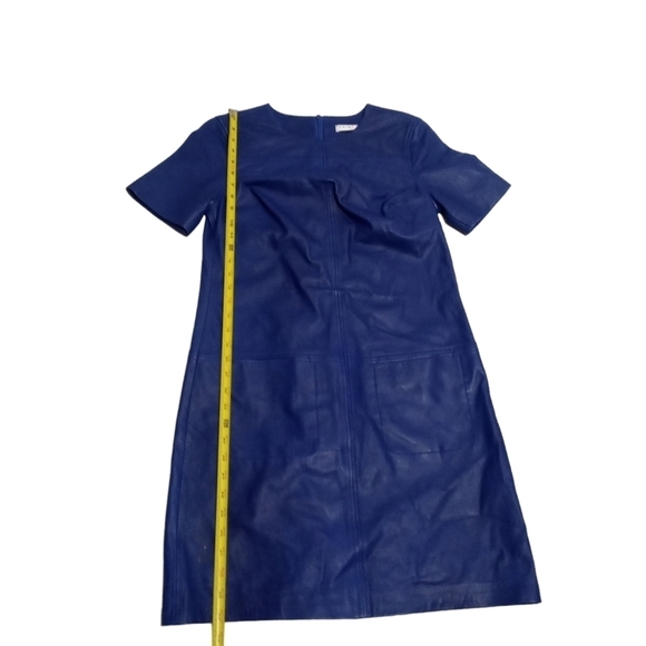 Trina Turk Navy Blue Genuine Leather Shift Dress Short Sleeve Back Zip Mini SZ 6 - Picture 6 of 9